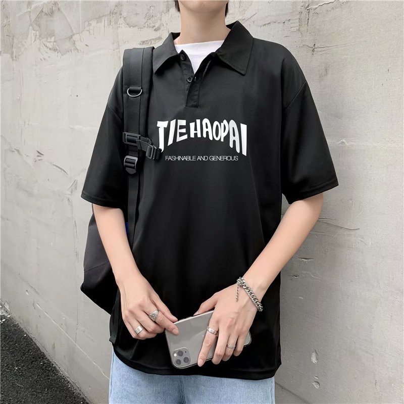 实拍很仙的纯棉短袖Polo衫男港风字母印花半袖痞帅加肥加大五分袖