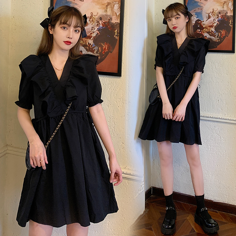 9687#胖mm大码2021新款收腰显瘦气质V领泡泡袖法式小众连衣裙女夏