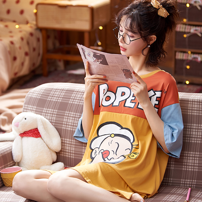 2021春夏季新款睡衣女裙套头短袖卡通印花休闲青年简约连体睡衣裙