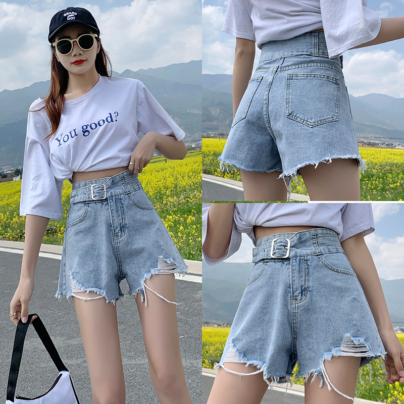 牛仔短裤女夏季2021年新款破洞高腰a字宽松韩版显瘦阔腿女士裤子