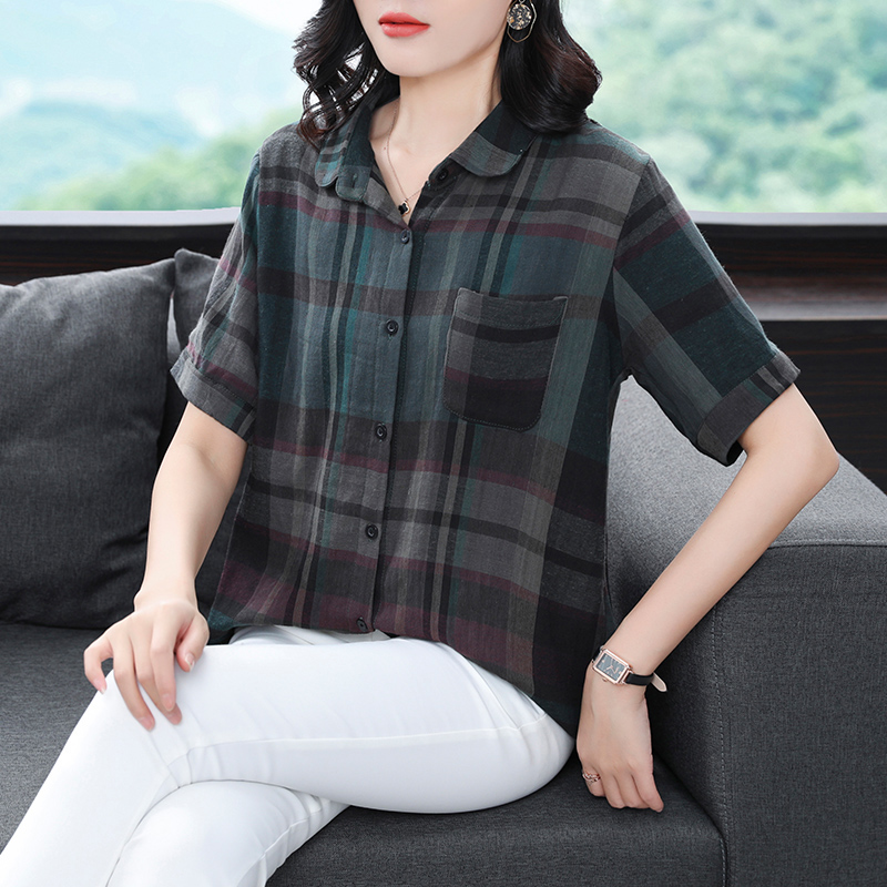 实拍+小视频 2021年夏季妈妈装宽松显瘦格子翻领衬衣短袖衬衫女