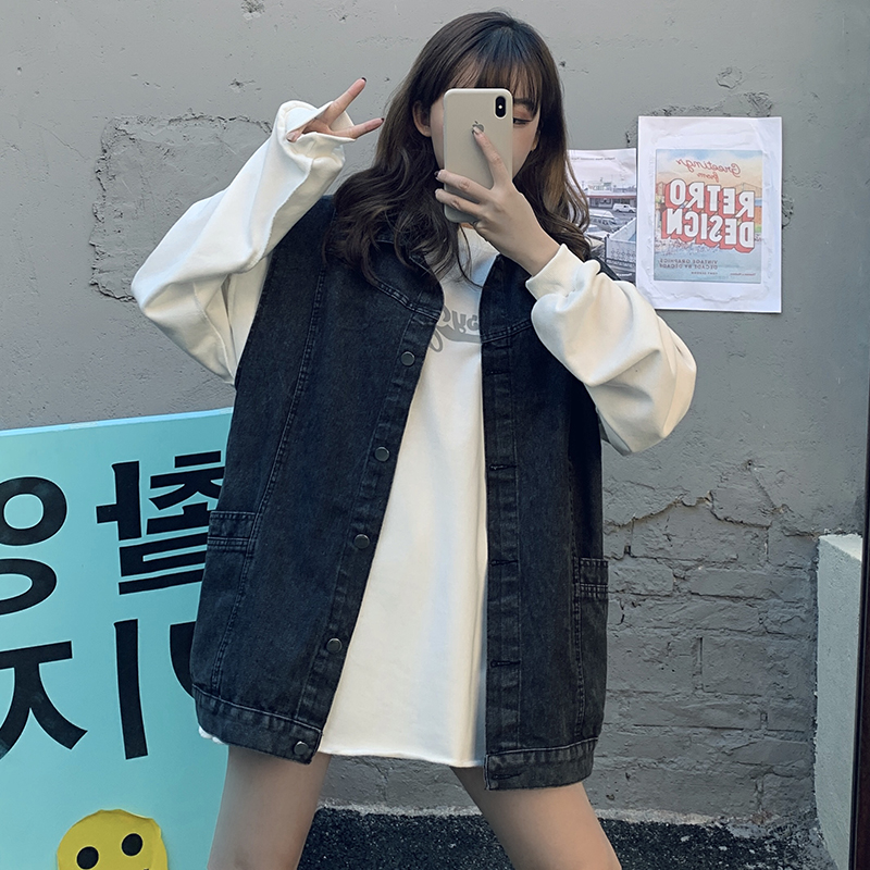 实拍港味潮范牛仔马甲女大口袋宽松休闲无袖学生上衣夹克