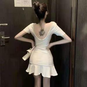 Open back studded slim dress with lotus leaves