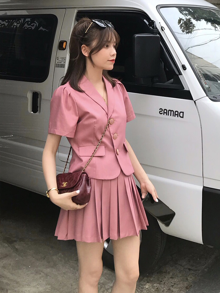 2021年夏新款小西装套装百褶裙套装显瘦学院风韩版两件套连衣裙女