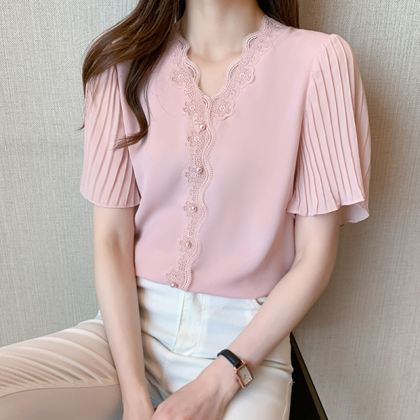 RM3657#短袖雪纺衫女蕾丝V领上衣2023年夏季气质时尚洋气小衫