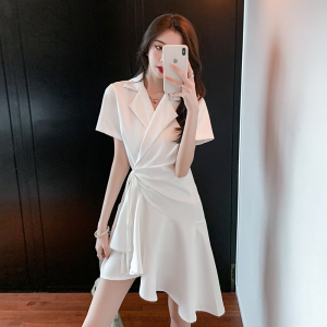 RM16689#chic时尚韩版名媛修身显瘦荷叶边西装领连衣裙女夏季高腰短裙
