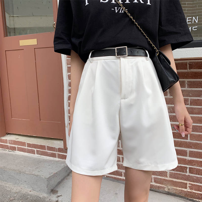 实拍 2021新款小个子西装短裤女夏宽松高腰五分直筒港味休闲中裤