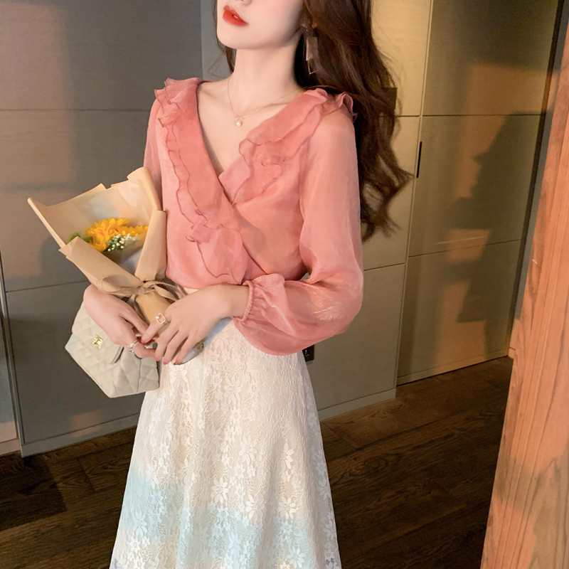 实拍2021春装新款仙女飘带V领雪纺衫短款上衣女蝴蝶结绑带木耳边