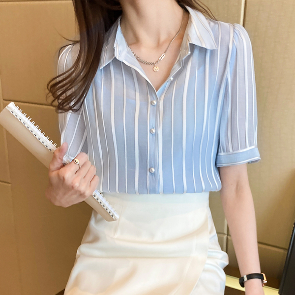 RM3652#蓝色条纹衬衫女2023年新款夏宽松长袖雪纺衬衣薄~送吊带