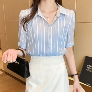 RM3652#蓝色条纹衬衫女2023年新款夏宽松长袖雪纺衬衣薄~送吊带