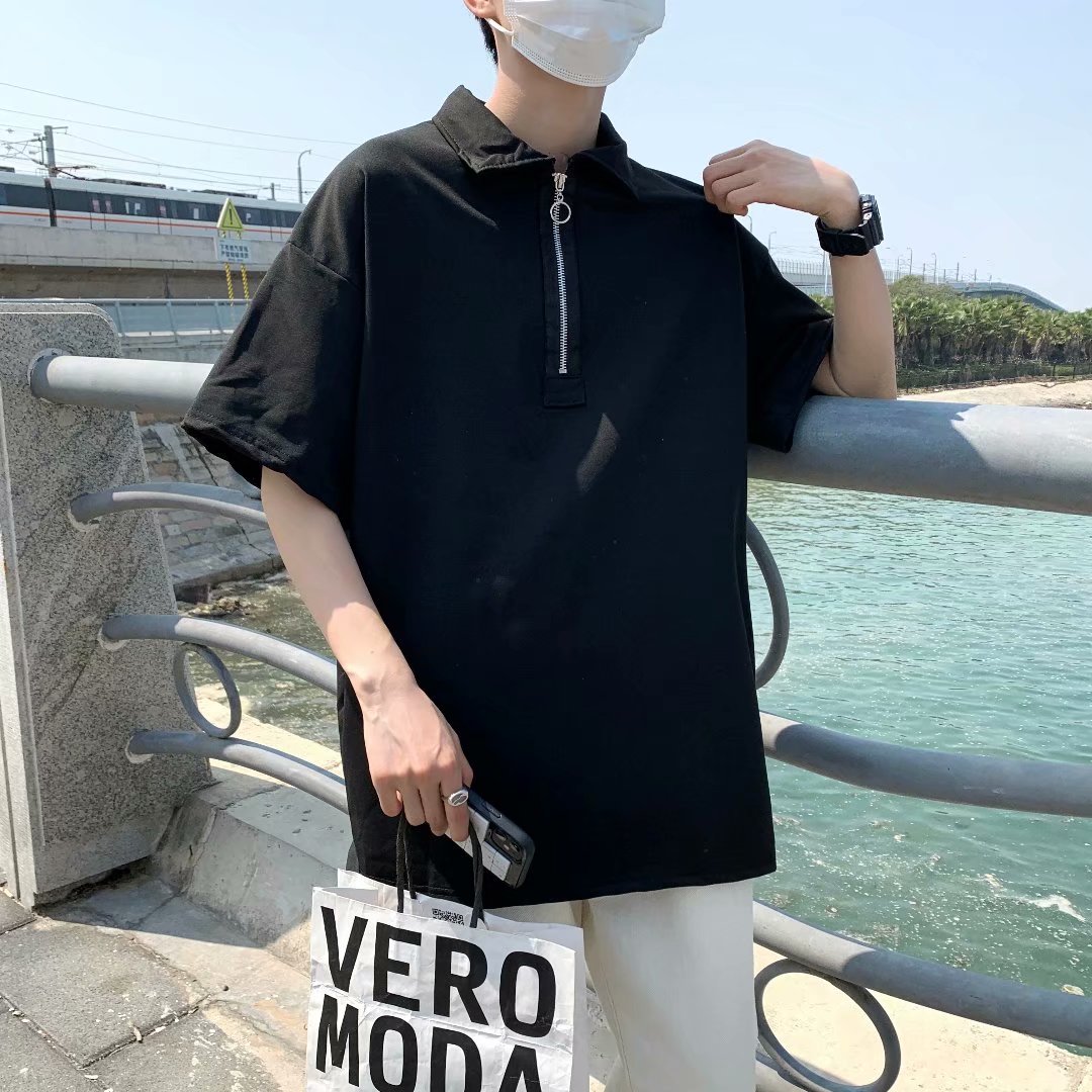 实拍百搭翻领短袖t恤男士宽松韩版ins半袖衣服夏季潮流拉链polo衫