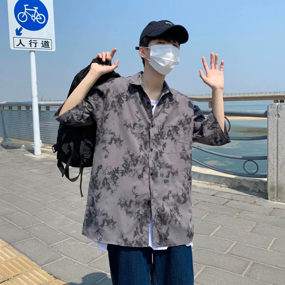 实拍痞帅衬衫男短袖潮牌港风宽松潮流复古百搭原宿风五分袖花衬衣