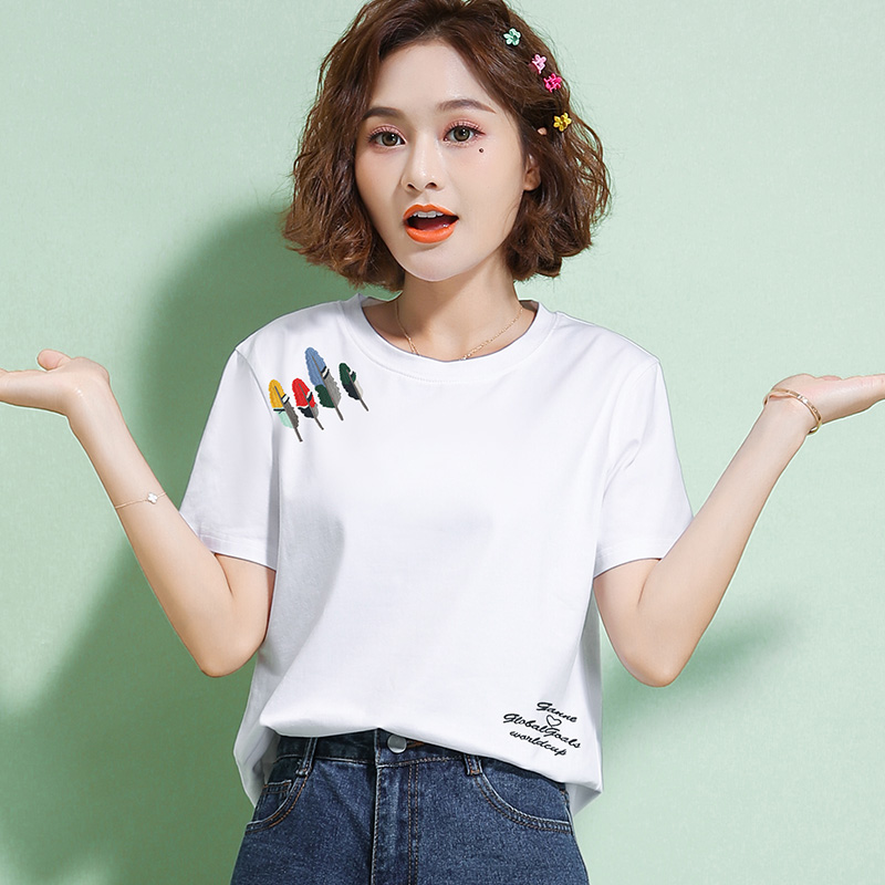 常规短袖2021夏新款短袖t恤女刺绣字母纯棉韩版宽松圆领爆款