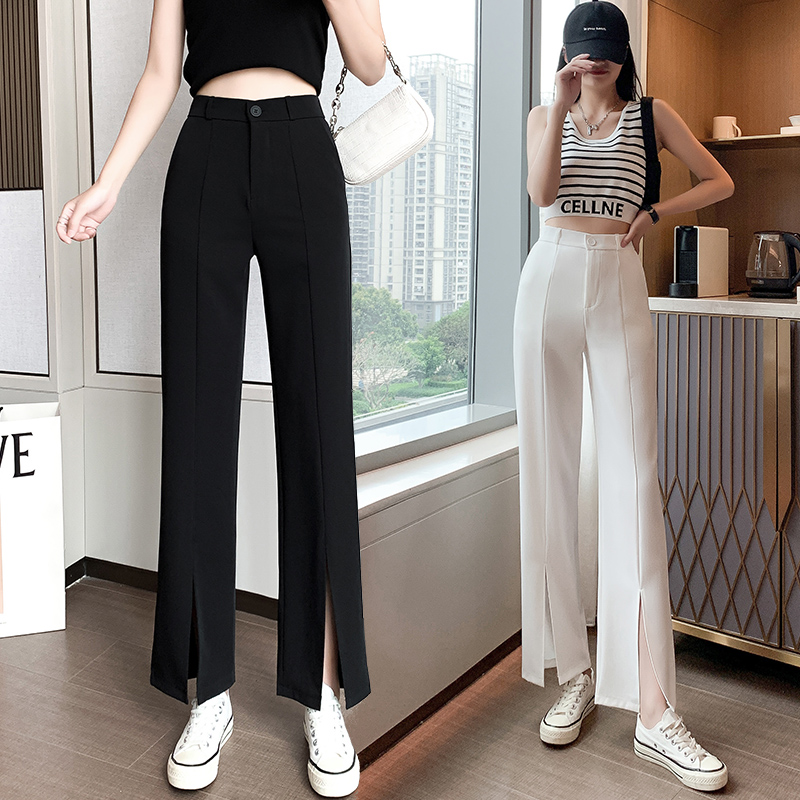 实拍# 开叉直筒裤西装女高腰裤子春夏新款显瘦百搭休闲阔腿裤长裤