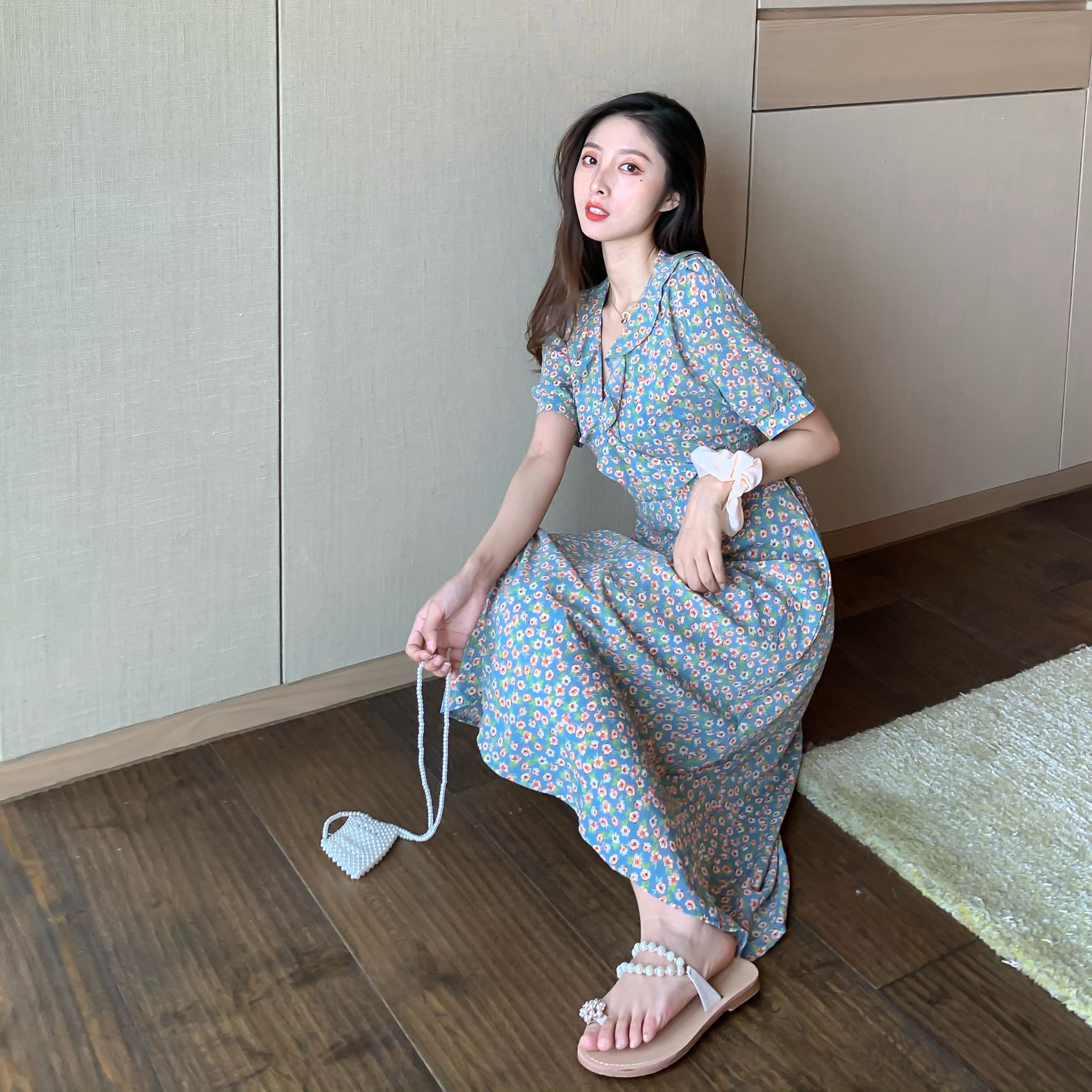 大码女装小雏菊连衣裙桔梗初恋V领碎花裙子夏季超仙女森系显瘦