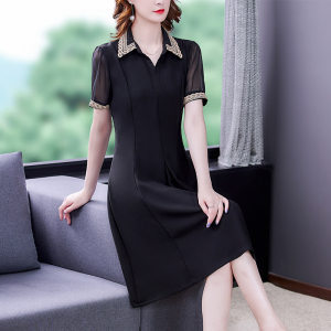 RM8702#女黑色连衣裙女春夏新款收腰显瘦短袖polo领时尚a字裙