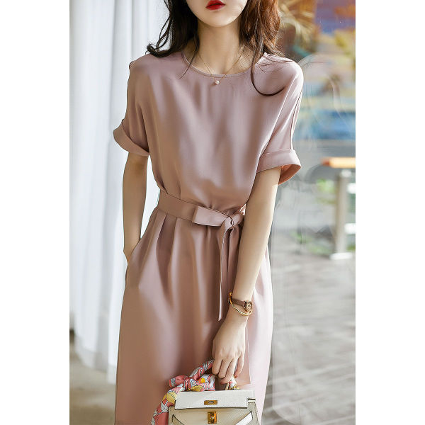 RM3229#纯色短袖裙子 夏新款温柔雾粉色系带A字裙修身中长款连衣裙