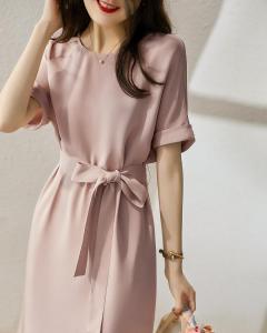 RM3229#纯色短袖裙子 夏新款温柔雾粉色系带A字裙修身中长款连衣裙