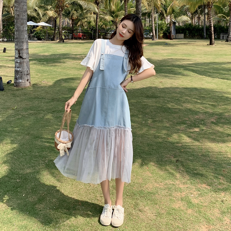 实拍~大码女装夏季牛仔连衣裙两件套夏天胖mm中长款显瘦短袖裙子