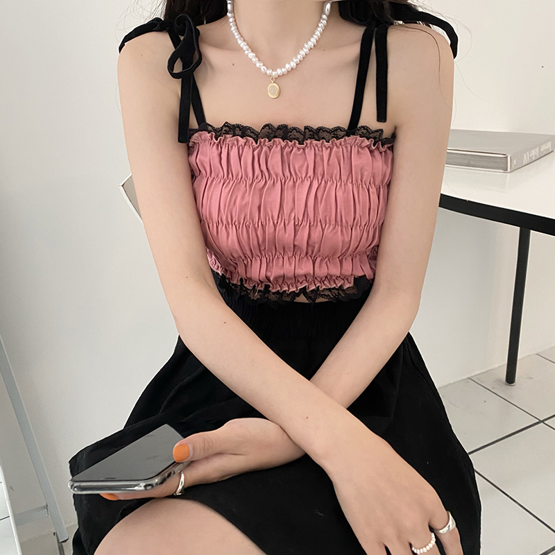 实价实拍三标齐甜心少女款ins粉色蕾丝接接褶皱修身显瘦短款吊带
