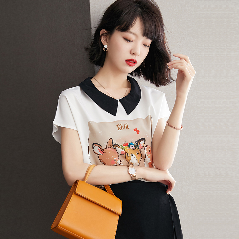 已出货 实拍 白色雪纺衫女短袖2021新款宽松娃娃领印花洋气上衣夏