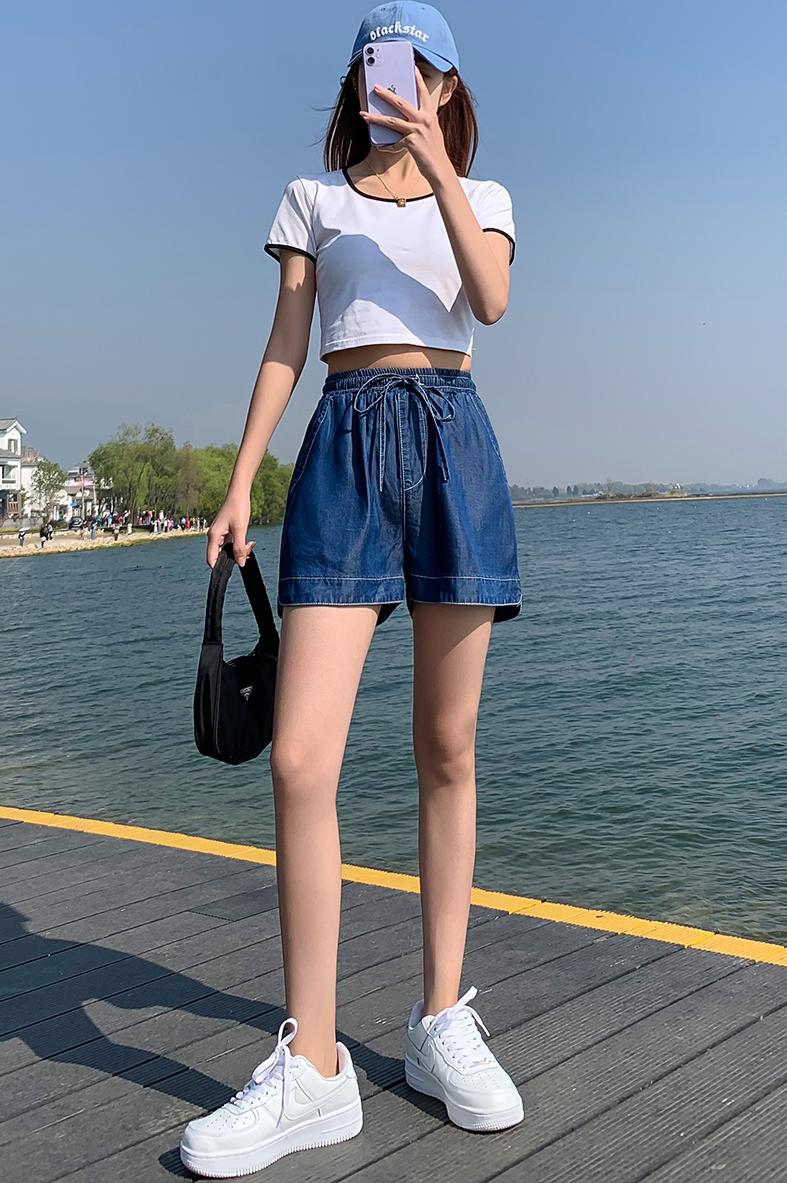 實拍大碼天絲牛仔短褲女夏薄款寬松花苞高腰顯瘦闊腿冰絲五分褲