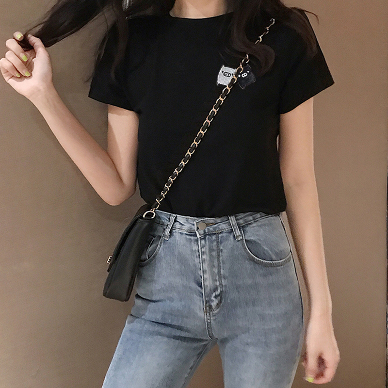 官图#2021夏季新款韩版网红衣服超火纯棉半袖修身上衣短袖t恤女潮