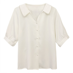RM2136#设计感小众缎面衬衫女 新款钉珠翻领盐系短袖衬衫雪纺衫