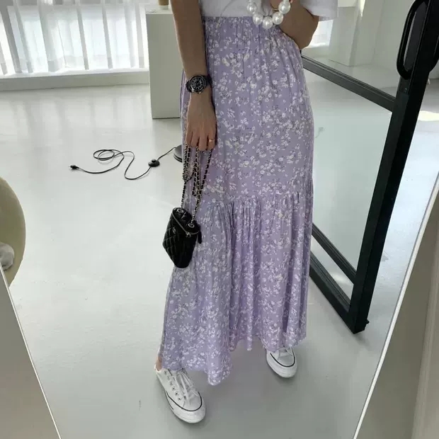 Original Internet celebrity fashion elastic waist high waist slimming A-line floral skirt for women with lining