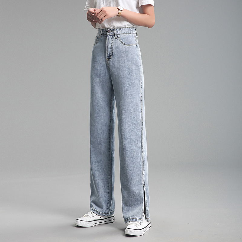 开叉阔腿牛仔裤女直筒宽松泫雅风高腰2021春夏新款垂感分叉拖地裤