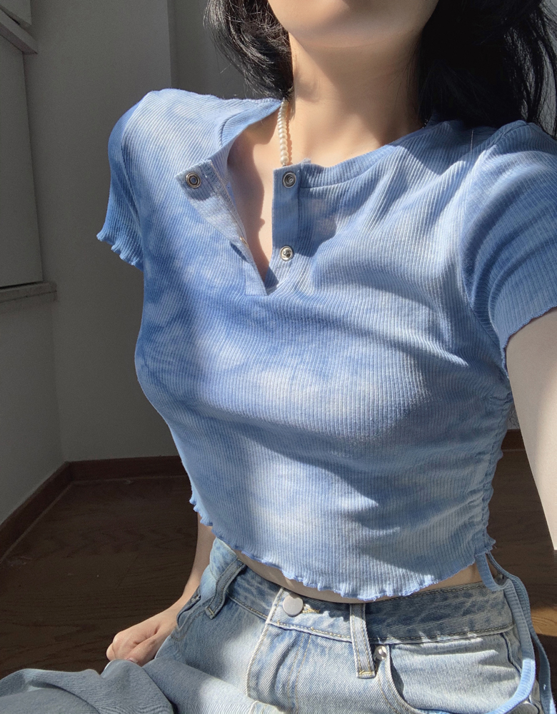 实拍 辣妹短抽褶上衣女扎染设计感高腰露脐网红炸街短袖T恤ins潮