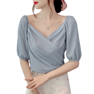PS40884# 夏季新款法式泡泡袖设计感v领衬衫上衣短袖 服装批发女装直播货源