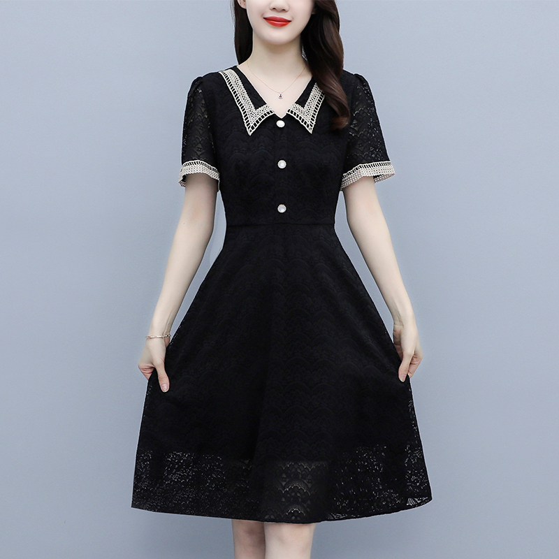 实拍蕾丝连衣裙大码女装2021新款小香风娃娃领显瘦减龄气质A字裙