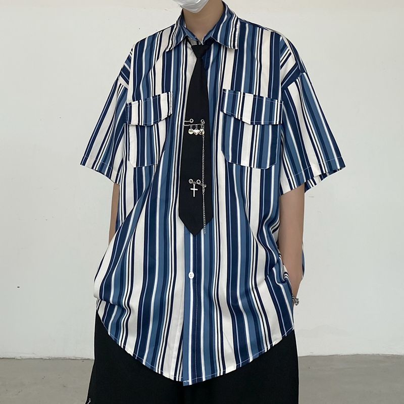 控45韩国夏男女衬衫短袖复古格子条纹ins暗黑潮流衬衣宽松配领带