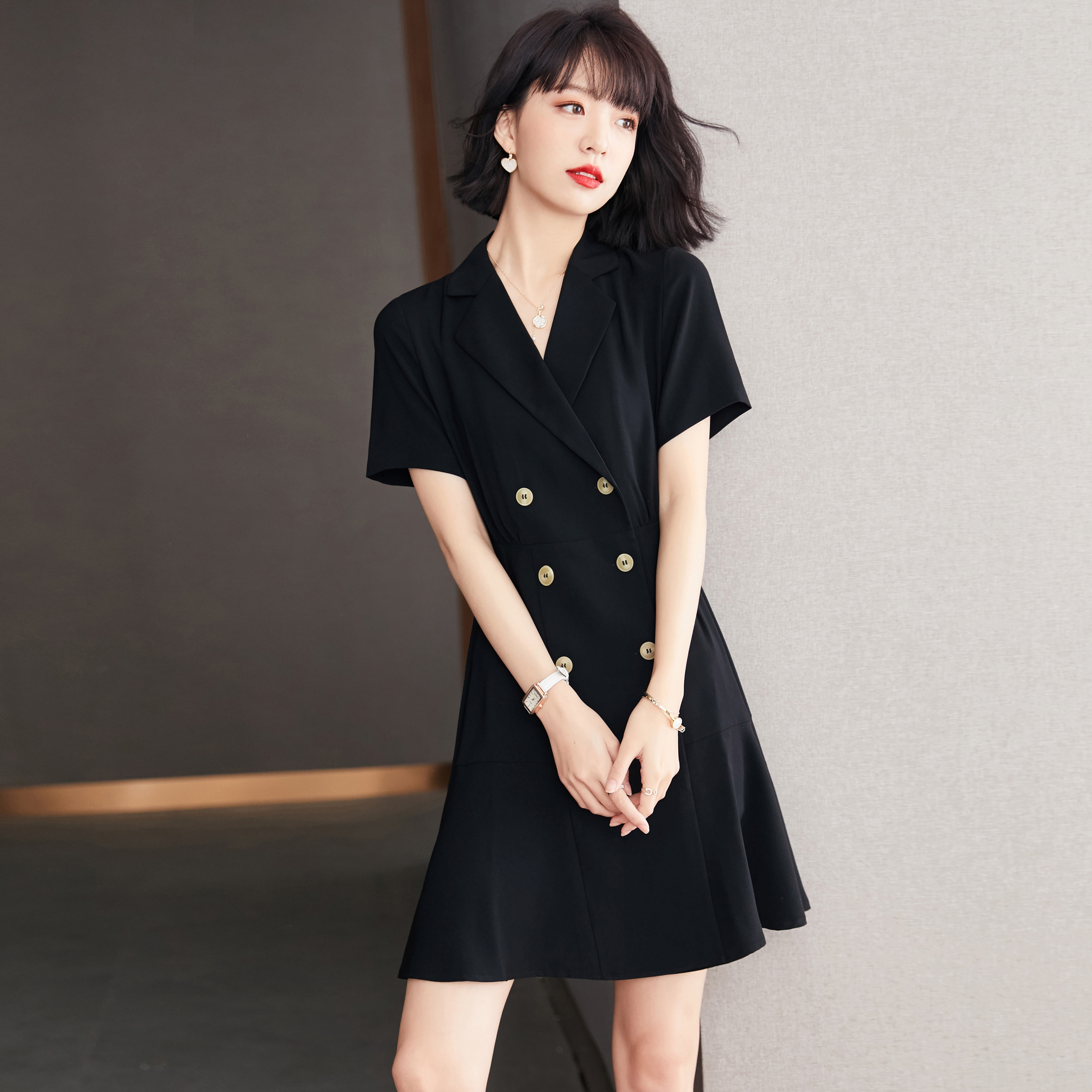 实拍◆有现货◆2021法式西装连衣裙女装夏短袖小裙子女修身显瘦