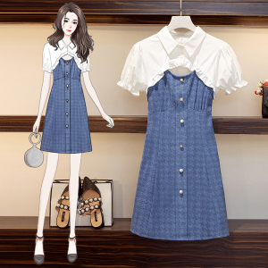 Plaid denim stitched bubble sleeve dress with two skirts
