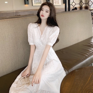 PS12486# 夏装女赫本风可盐可甜白色长裙收腰法式气质显瘦蕾丝连衣裙