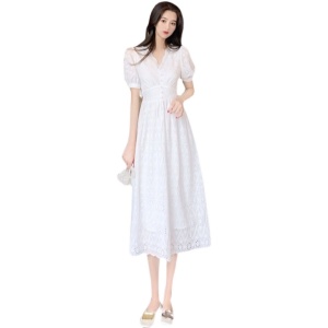 PS12486# 夏装女赫本风可盐可甜白色长裙收腰法式气质显瘦蕾丝连衣裙