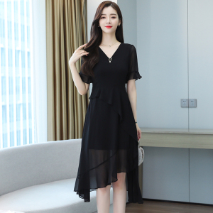 RM3495#台湾纱雪纺连衣裙新款夏季气质女神范v领黑色不规则中长款