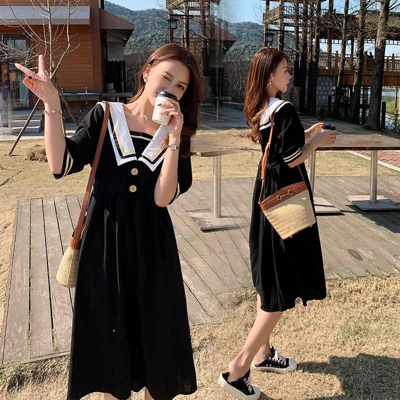 实拍现货 孕妇装夏季时尚辣妈款娃娃领学院风孕妇宽松大码连衣裙