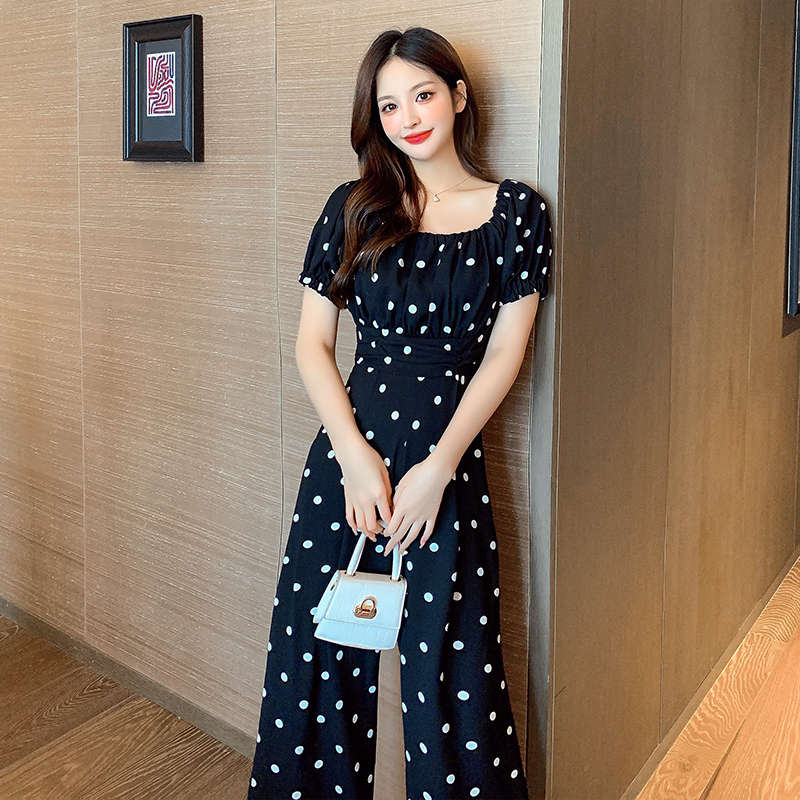 波点连体裤女2021年夏装新款韩版收腰连衣裤休闲九分裤阔腿裤套装