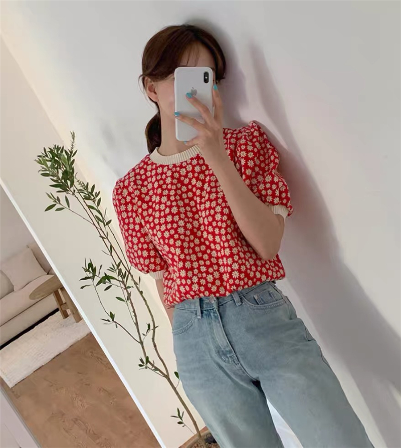 韩国 ins 短袖可爱小雏菊针织上衣