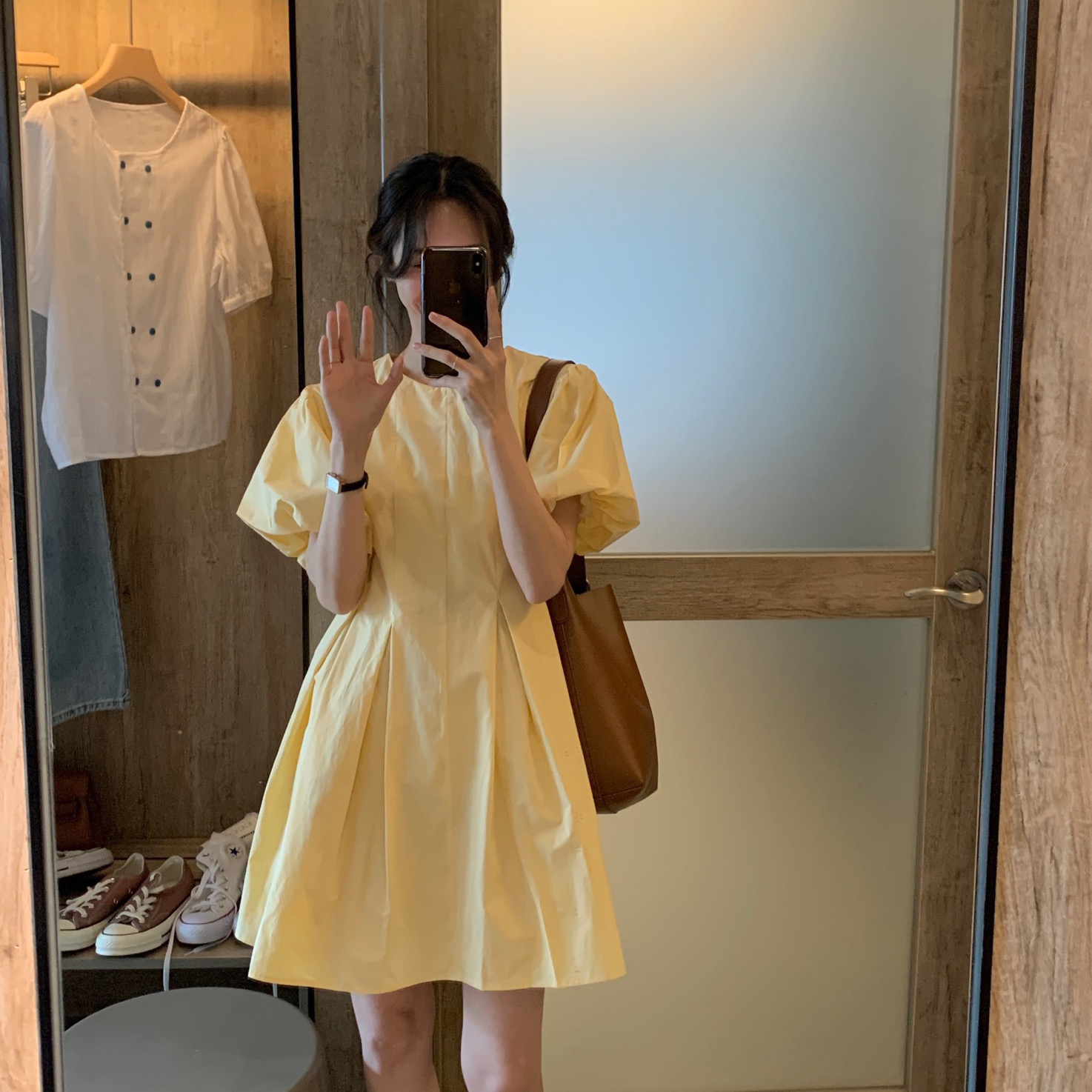 实拍 马卡龙色系2021夏季新款百褶简约纯色连衣裙百搭宽松chic裙