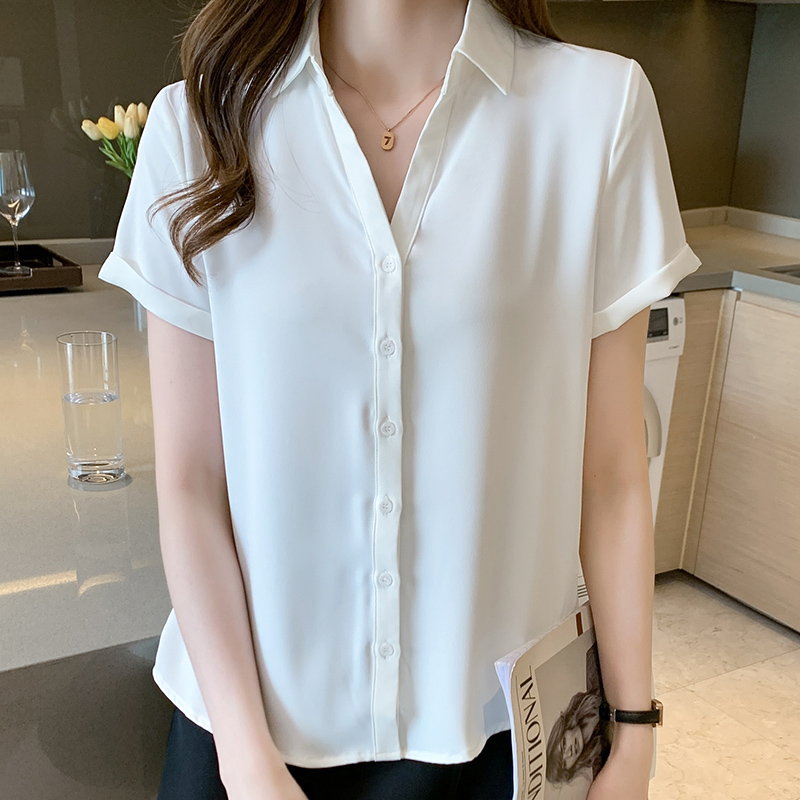 2026夏季新款職業襯衫女短袖氣質雪紡工作服V領白襯衣韓范寬松ol