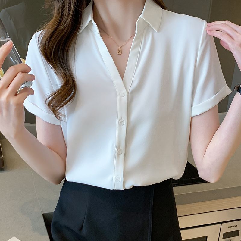2026夏季新款職業襯衫女短袖氣質雪紡工作服V領白襯衣韓范寬松ol