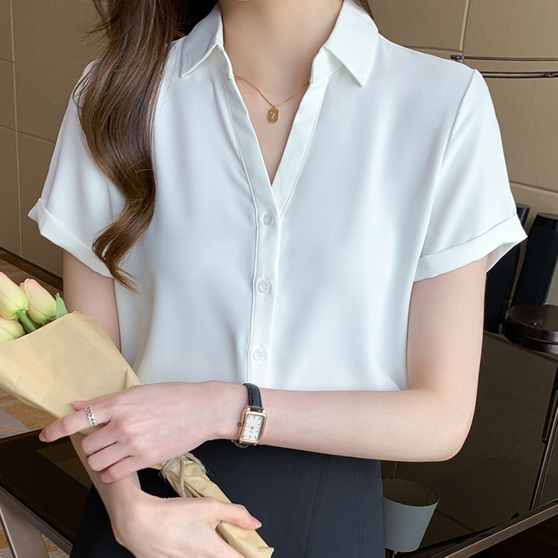 2026夏季新款職業襯衫女短袖氣質雪紡工作服V領白襯衣韓范寬松ol