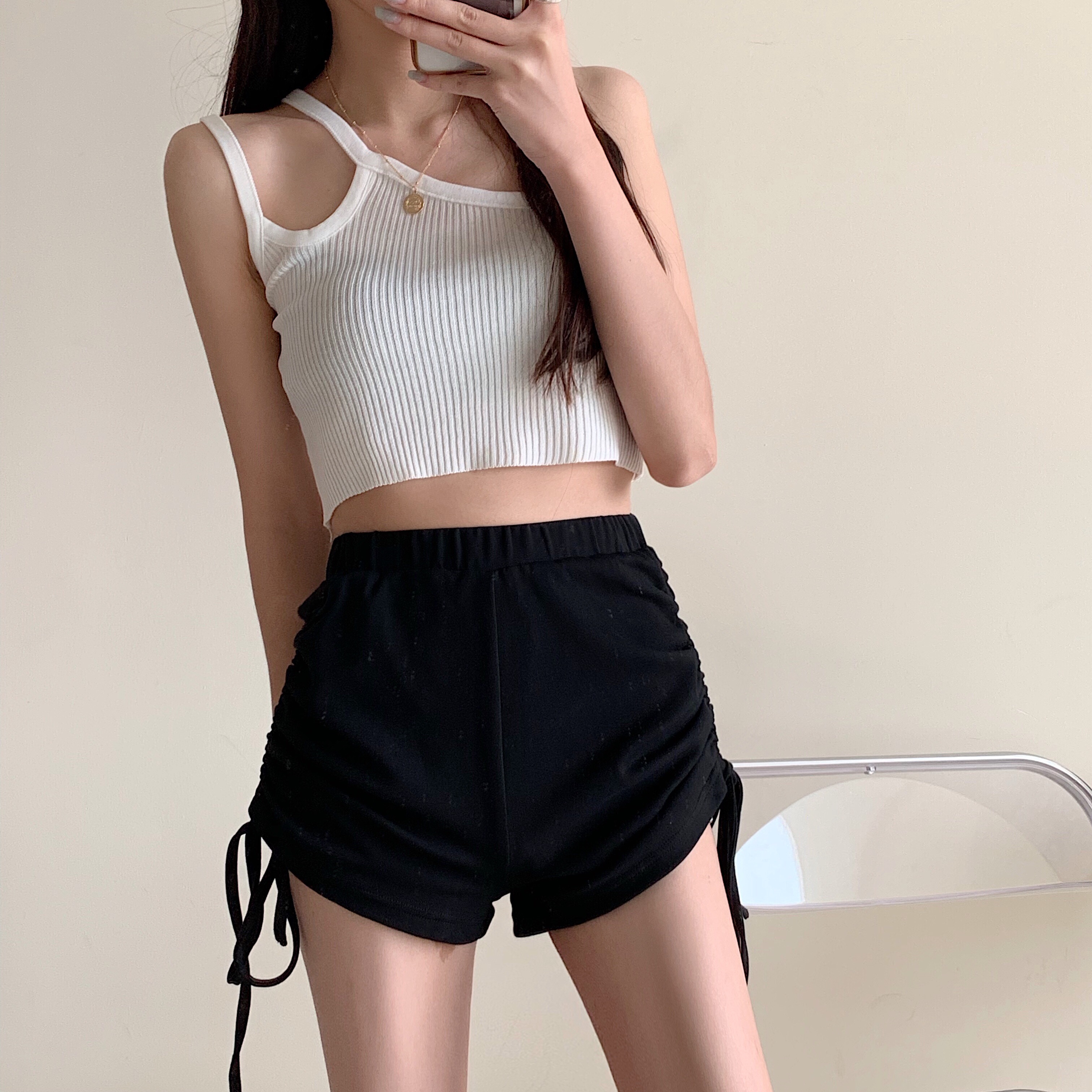 实拍 高腰抽绳短裤女春夏修身显瘦热裤运动百搭休闲外穿裤慵懒风