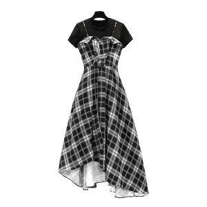 KM28799#大码女装2022夏季新款气质显瘦不规则两件套格子吊带连衣长裙