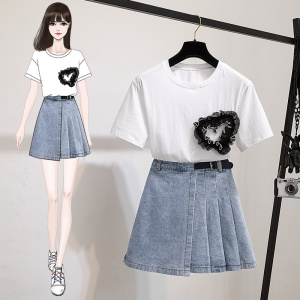 Two piece lace stitching love T-shirt denim pleated skirt