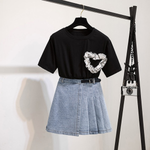 Two piece lace stitching love T-shirt denim pleated skirt